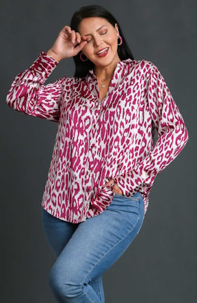 Pink Printed Satin Button Up Top