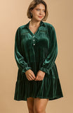 Velvet Tiered Dress with Buttons in Green