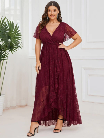 Lace Ruffle Gown in Merlot