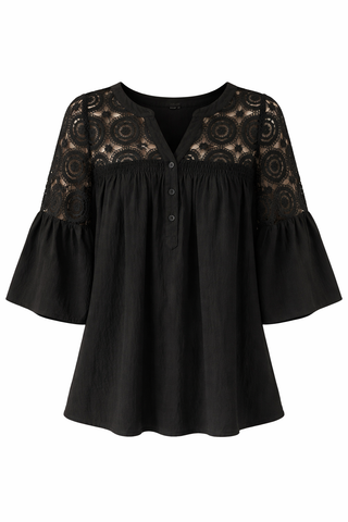 Lace Trim Bell Sleeve Top in Black