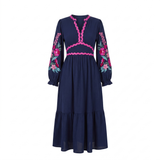 Floral Embroidered Ric Rac Dress in Navy
