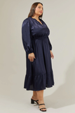 Navy Split Neck Long Sleeve Midi Dress