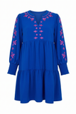 Pink Embroidered Tiered Dress in Royal Blue
