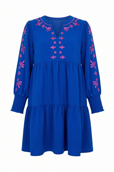 Pink Embroidered Tiered Dress in Royal Blue
