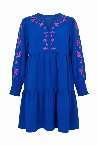 Pink Embroidered Tiered Dress in Royal Blue