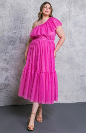 Pink Tulle One Shoulder Midi Dress