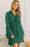 Pleat Sleeve Ruffle Detail Dress in Green