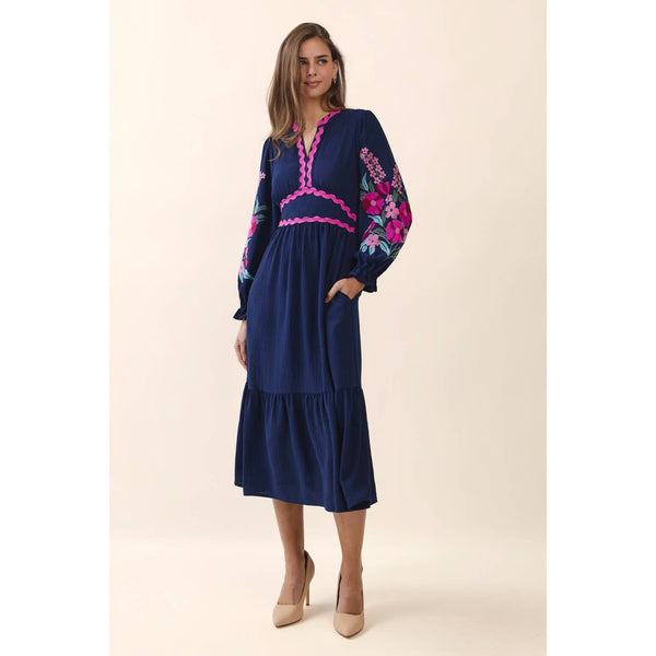 Floral Embroidered Ric Rac Dress in Navy – Gussied Up
