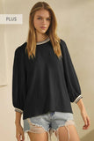 Contrast Stripe Collar LS Top in Black