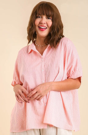 Stripe Button Up Cotton Top in Coral