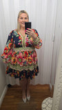 Border Print Navy Floral LS Dress