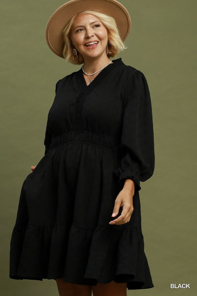 Textured V Neck Tiered Dress in Black