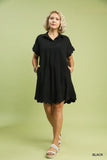 Scallop Linen Cotton A Line Dress in Black
