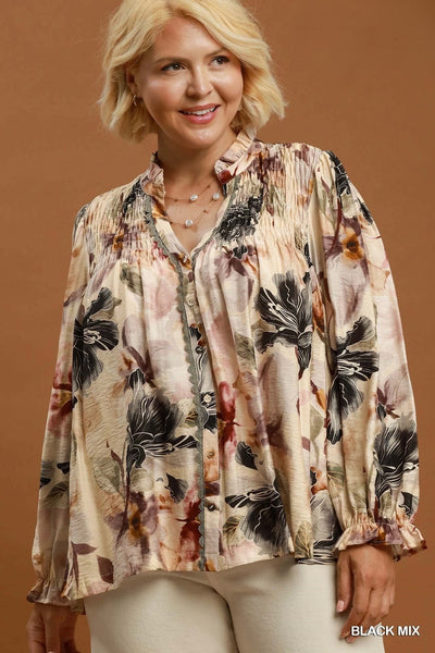 Warm Mixed Floral Button Up Top