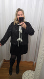 Satin Bow Shaggy Sequin Cardigan in Black