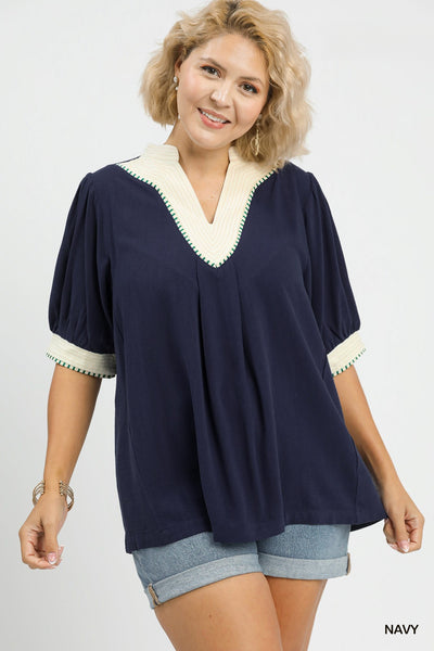 Contrast Block Linen Cotton Top