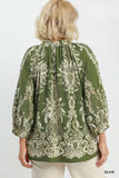 Boho Print Tie Neck Top in Olive