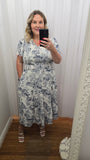 Scalloped Sleeve Blue Print Midi Dress