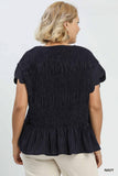 Linen Blend Smocked Peplum Top in Navy Pinstripe