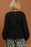 Smocked Waist LS Peplum Top in Black