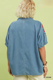 Embroidered Sleeve Denim V Neck Top in Medium Wash