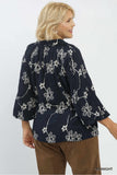 Lace Trim Navy Floral Button Up Top
