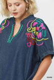 Embroidered Sleeve Denim V Neck Top in Dark Wash