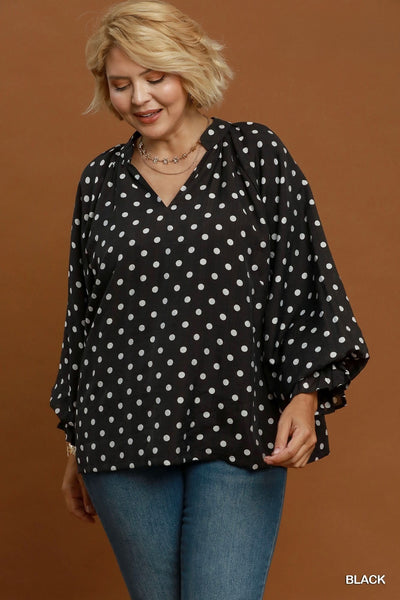 Polka Dot Top with V Neck in Black