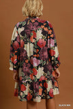 Floral Smocked Yoke Button Up Dress in Black