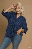 Textured Leaf Print Top in Navy