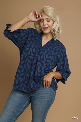 Textured Leaf Print Top in Navy
