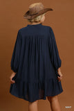 Lace Trim Button Up Tiered Dress in Navy
