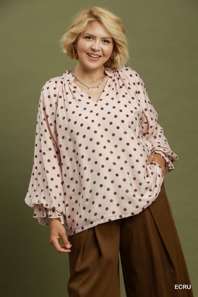 Brown Polka Dot Top with V Neck