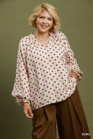 Brown Polka Dot Top with V Neck