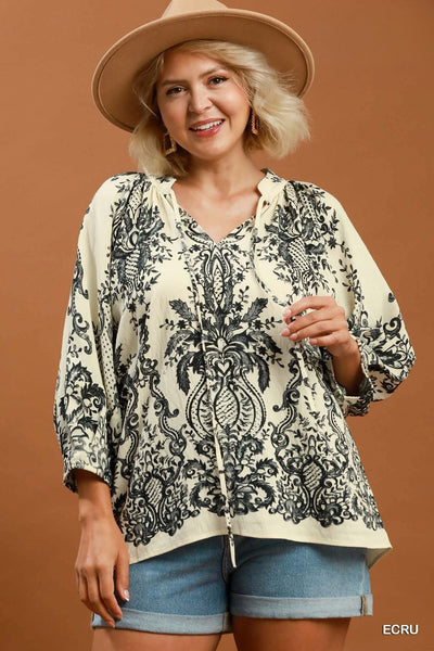 Boho Print Tie Neck Top in Cream