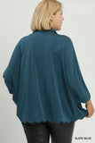 Collared V Neck Top with Scallop Hem in Slate Blue