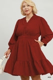 Textured V Neck Tiered Dress in Red
