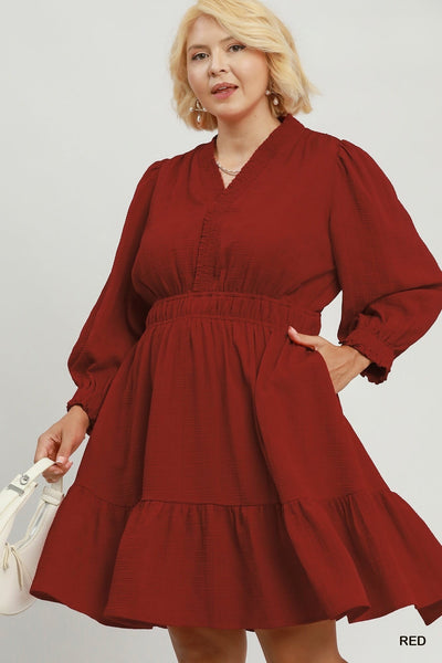 Textured V Neck Tiered Dress in Red