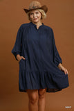 Lace Trim Button Up Tiered Dress in Navy