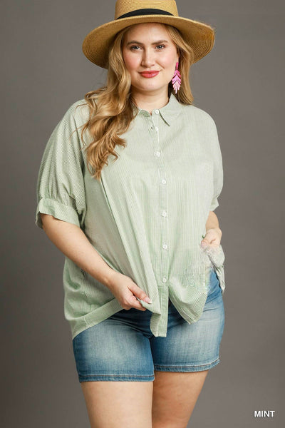 Stripe Button Up Cotton Top in Green