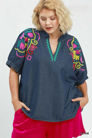 Embroidered Sleeve Denim V Neck Top in Dark Wash