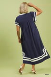 Linen Contrast Border Midi Dress in Navy