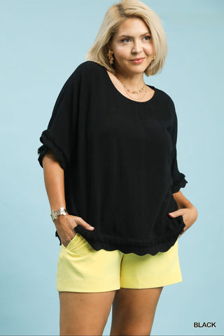 Frayed and Scalloped Linen Cotton Top in Black