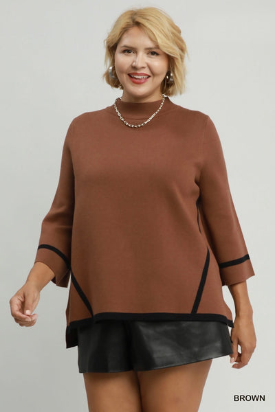 Mock Neck Contrast Trim Sweater in Brown
