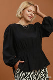 Smocked Waist LS Peplum Top in Black