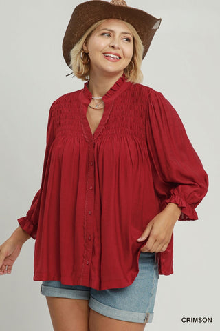 Smocked Yoke Button Up Top in Crimson