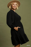 Textured V Neck Tiered Dress in Black