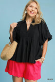 Smocked Front Bubble Sleeve Top in Black