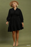 Textured V Neck Tiered Dress in Black