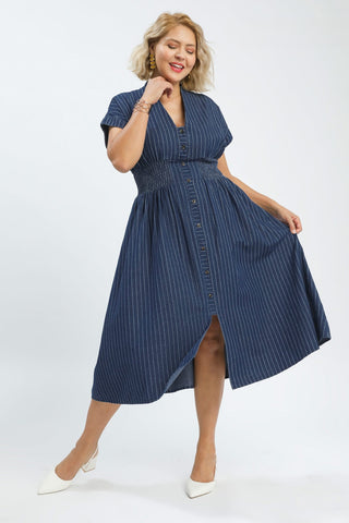 Pinstripe Denim Smocked Waist Dress